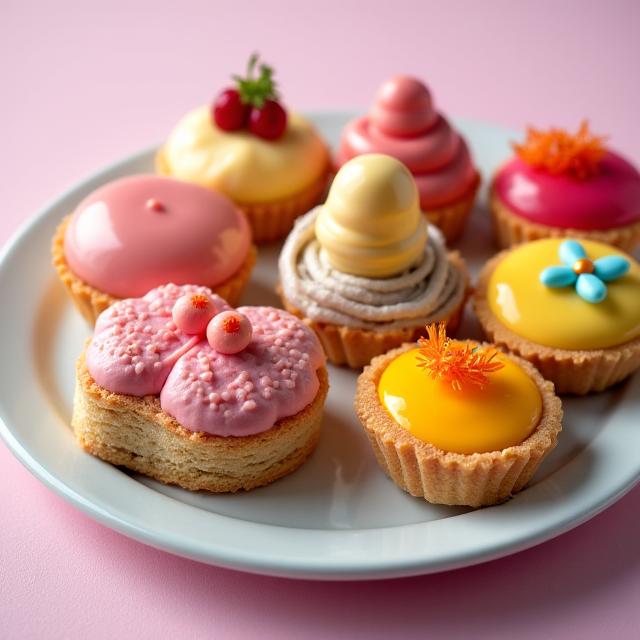 Un vassoio colorato di pasticceria mignon assortita.