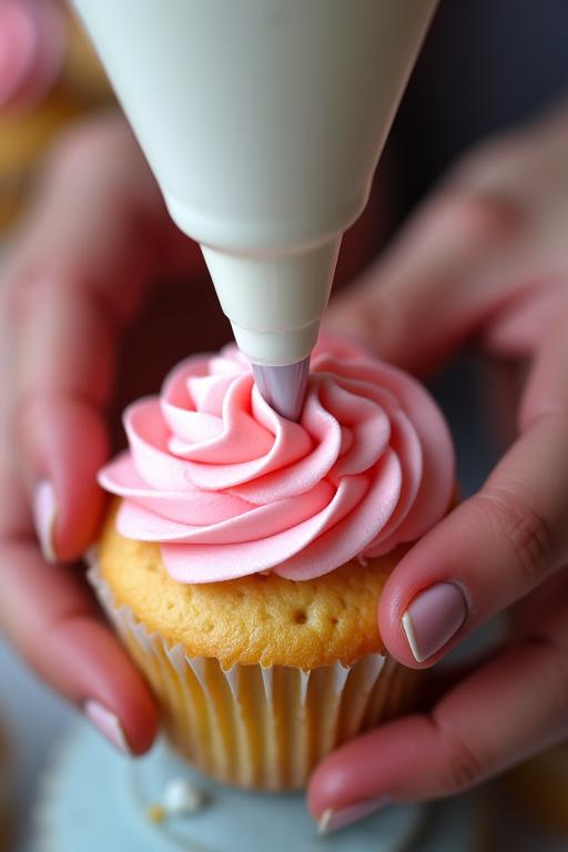 Dettaglio di mani che decorano un cupcake con una sac à poche.